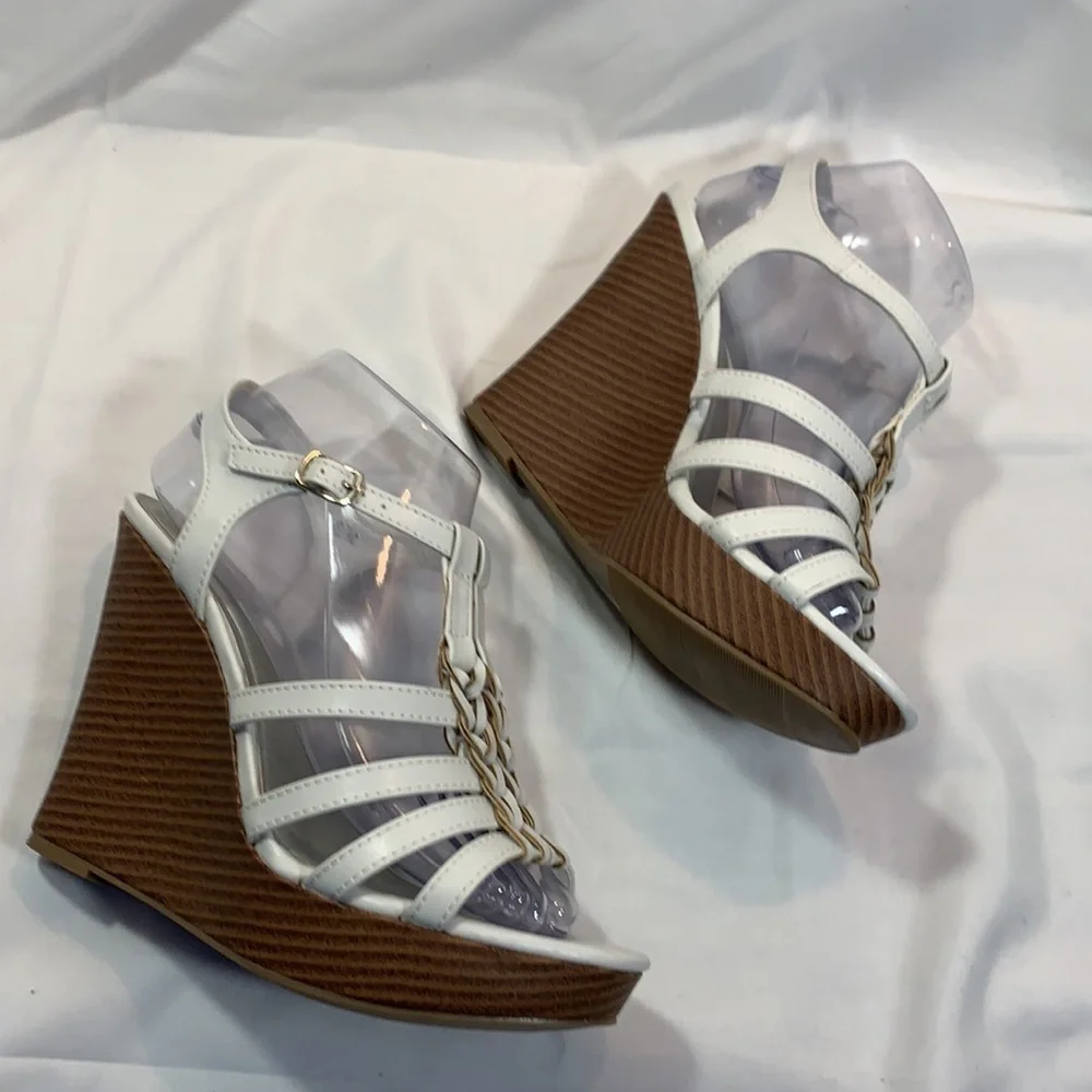 Jasmin White Wedge Strappy Sandal.